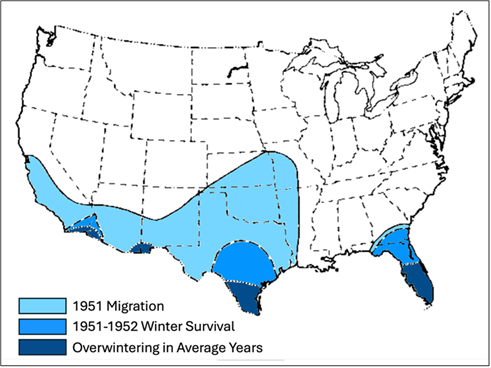 Map showing overwintering region of historical New World Screwworm populations