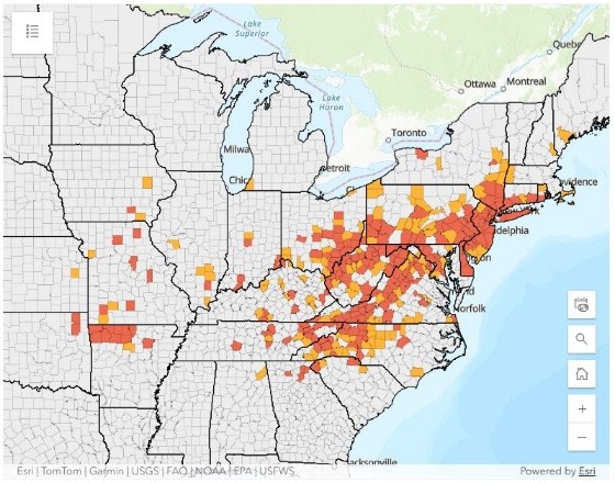 Reported distribution of Asian longhorned ticks